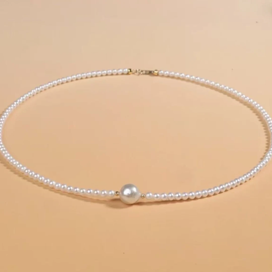 【鹿鹿】18K金海水炫彩真多麻强光小米珠路路通项链3-4m