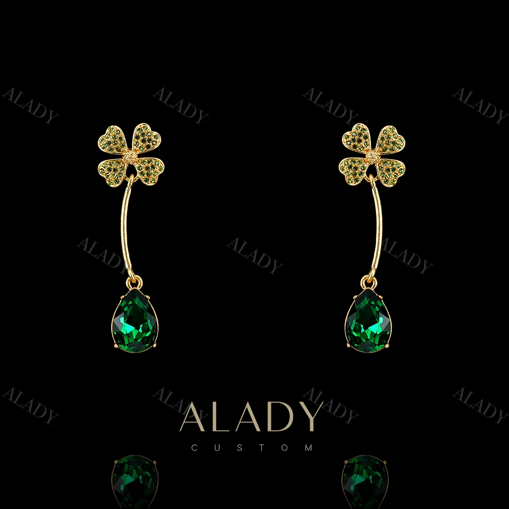 合金合成锆石耳饰 设计感长款四叶草女士耳钉-ASK2705