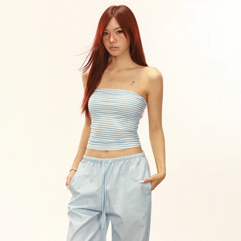 ROMORE 美式辣妹条纹抹胸背心女2025夏季蓝白拼色修身显身材上衣