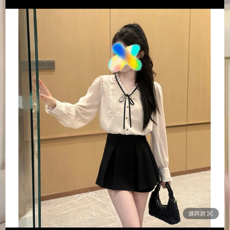温柔风洋气长袖撞色V领绑带蝴蝶结木耳边衬衫半身裙两件套装裙女