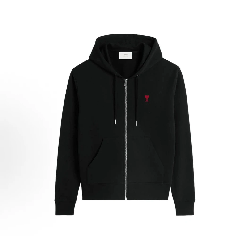 AMIPARIS红色爱心棉质拉链合身连帽卫衣外套 男女同款 黑色