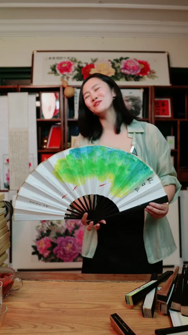 书法荷花~扇子~包邮