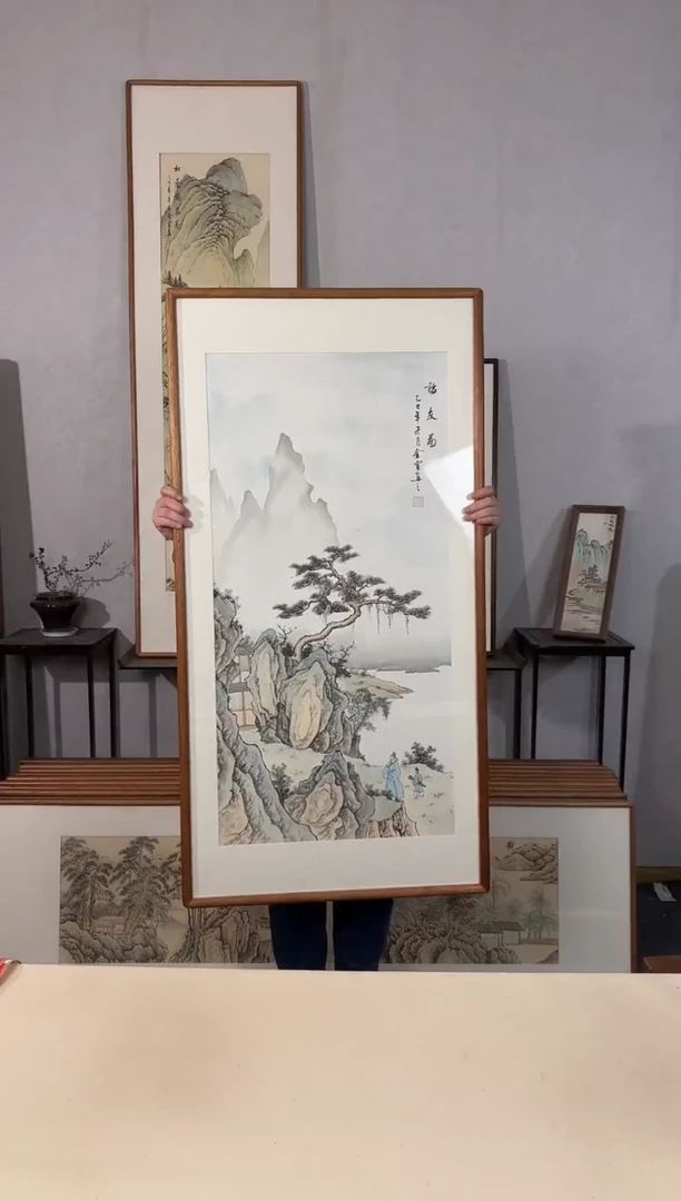 国画手绘*访友图*62*122cm*原木色木框