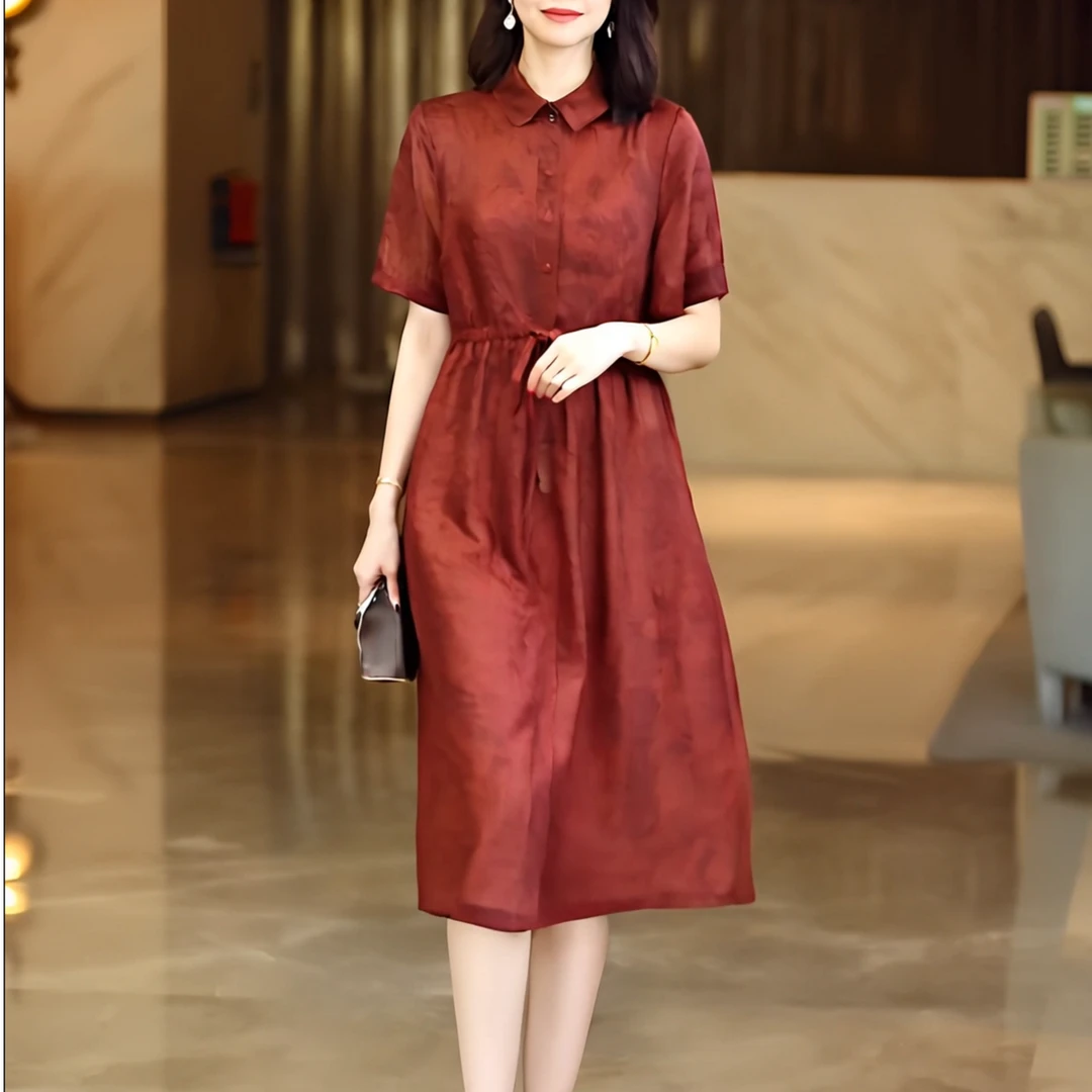 中长裙高腰文艺复古不褪色连衣裙系带气质女装休闲收腰裙子501