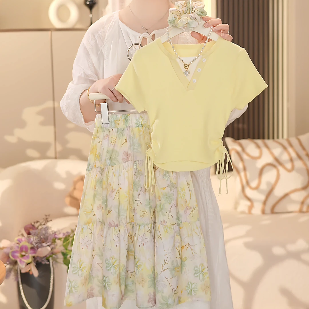 女童2025夏季新款洋气拼接收腰上衣➕碎花半身裙套装YY318