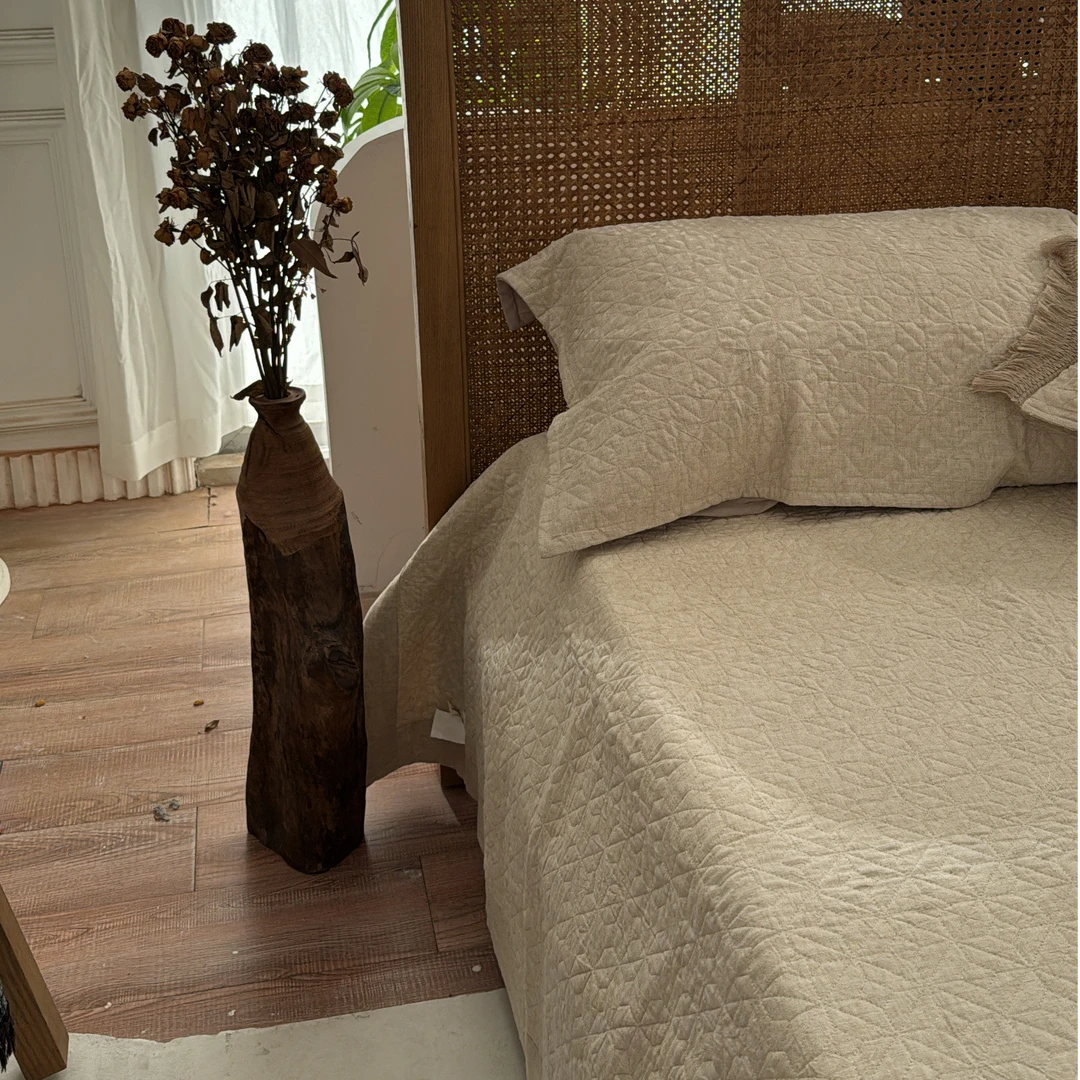 眠麻姑娘-天丝亚麻床盖绗缝夹棉凉席三件套