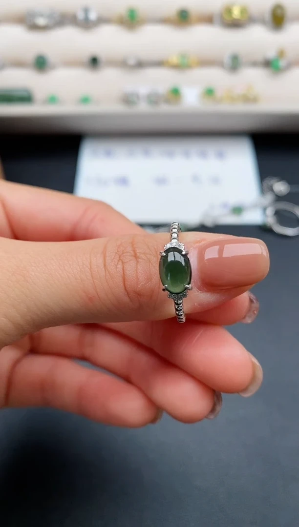 银S925镶嵌戒指翡翠缅甸天然A货翡翠11  6-7