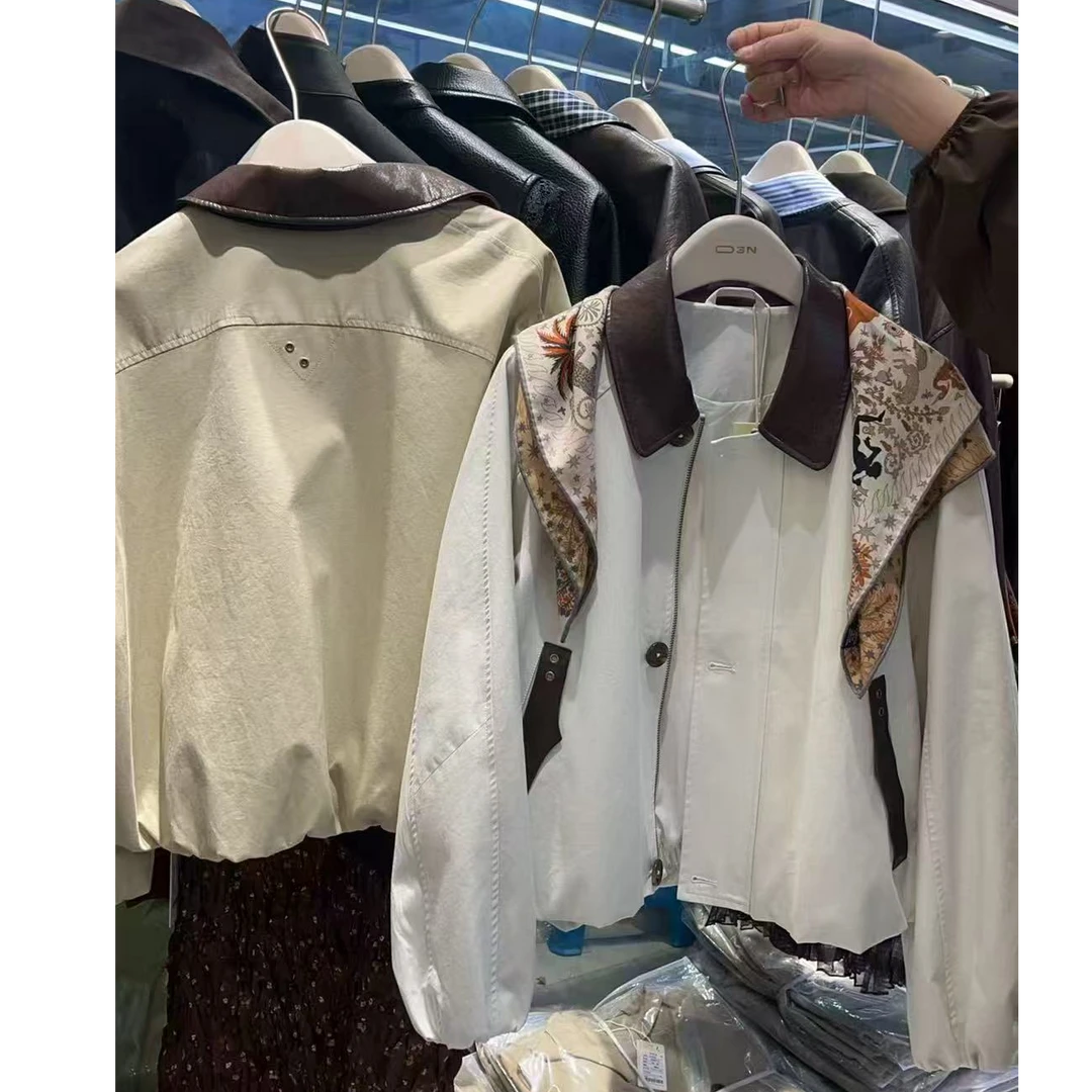 韩系复古撞色皮翻领风衣外套女2025年秋季新款小个子短款百搭上衣