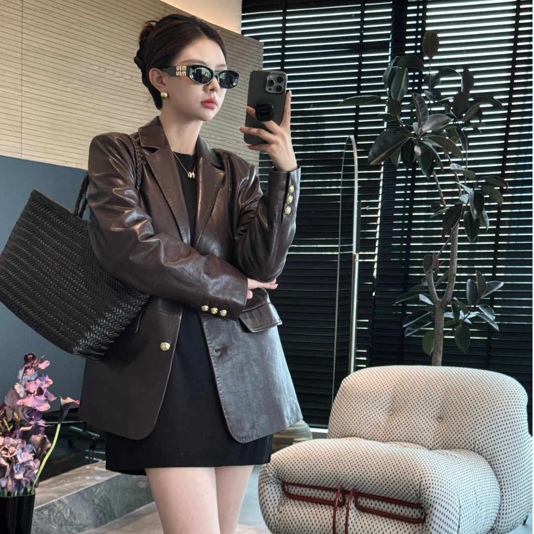 [新复古]进口植鞣真皮绵羊皮廓形西装皮衣中长款高街气质