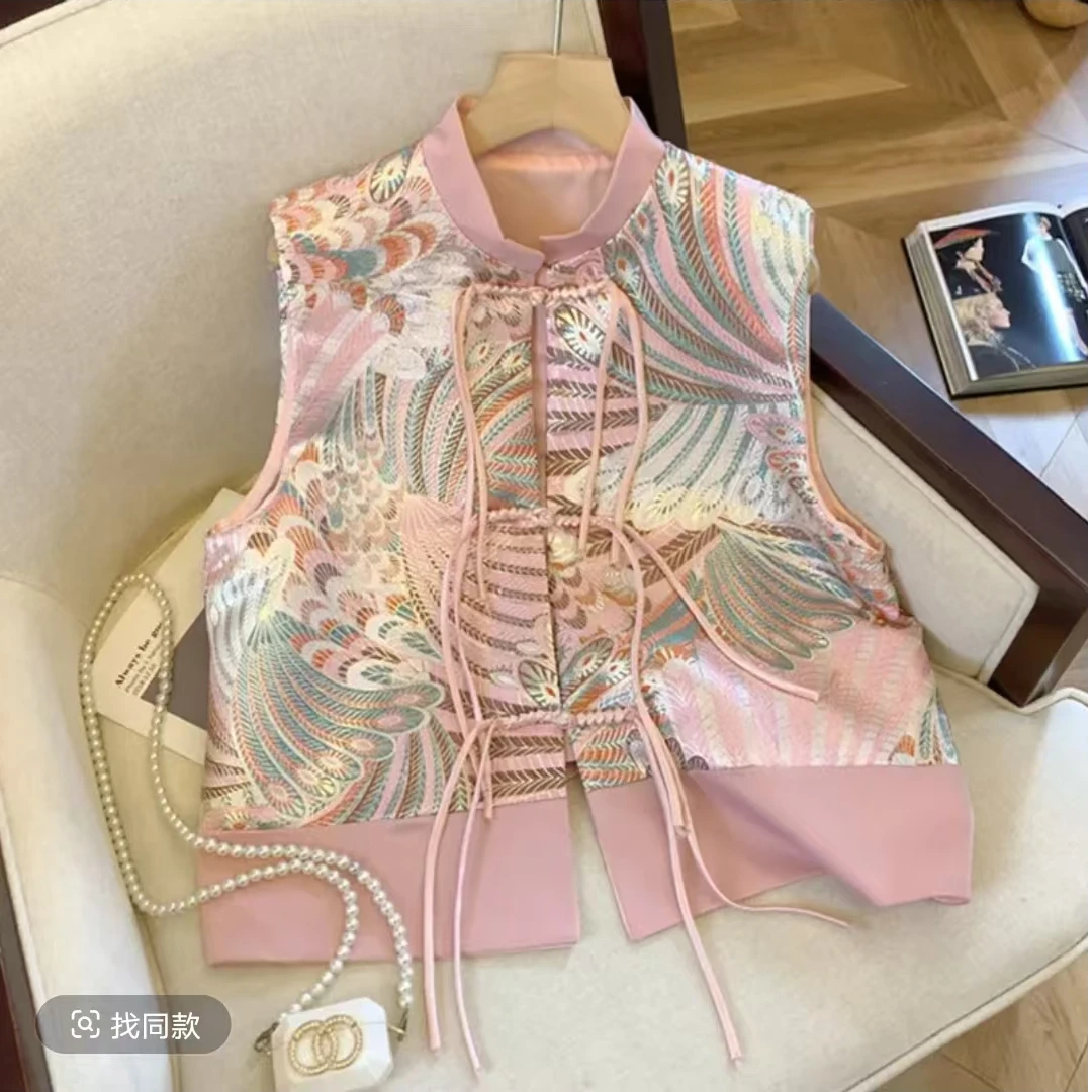 【凤尾】6087新中式休闲提花流苏缎面马甲