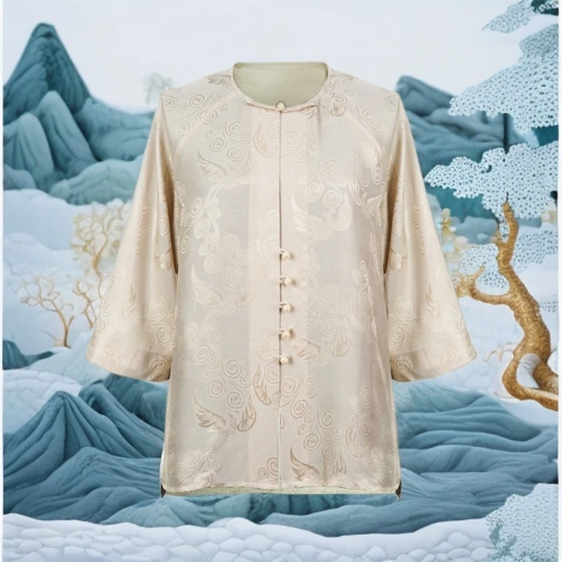 LL2025春夏新款圆领盘扣时尚女凤尾图套头开衫小衫25zh175