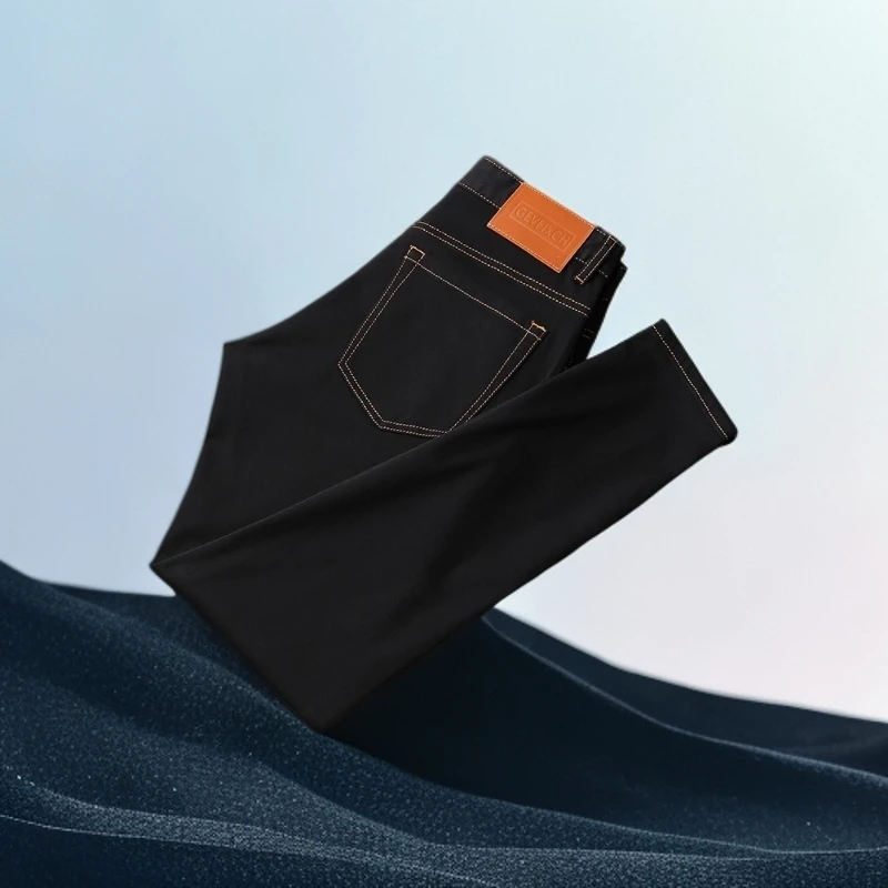 巴赛娜缇夏季薄款潮牌黑色牛仔裤男弹力休闲纯色修身小直脚长裤