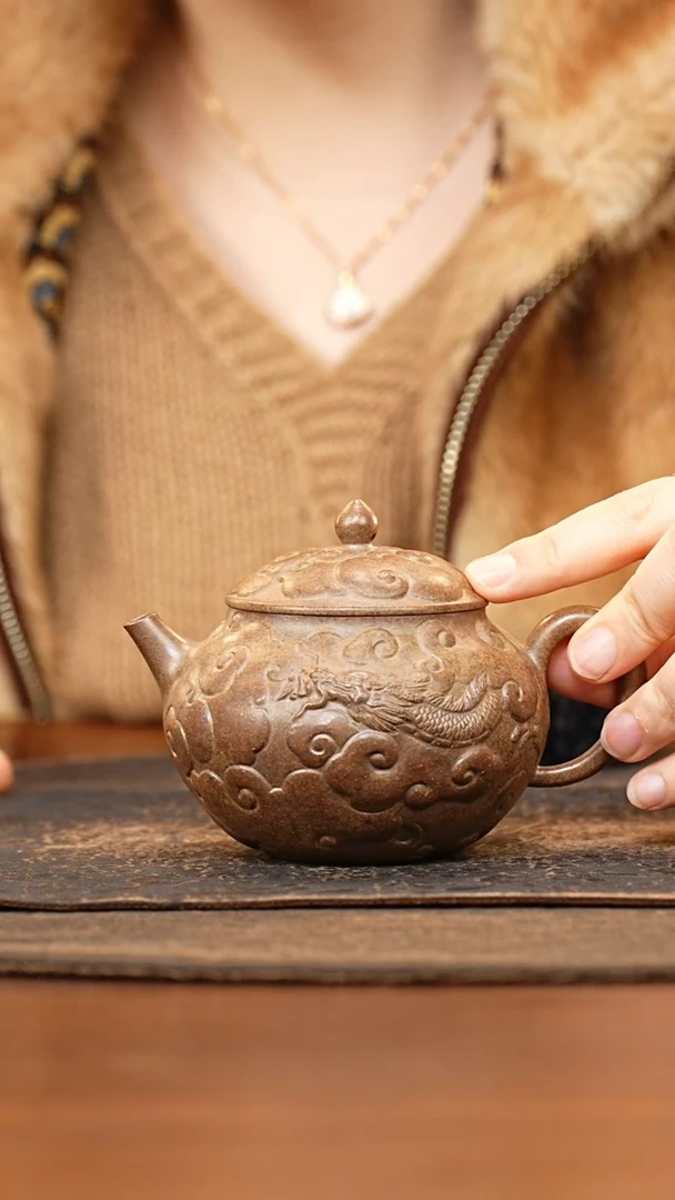 紫砂茶叶罐古法烧堆绘祥云龙茶壶
