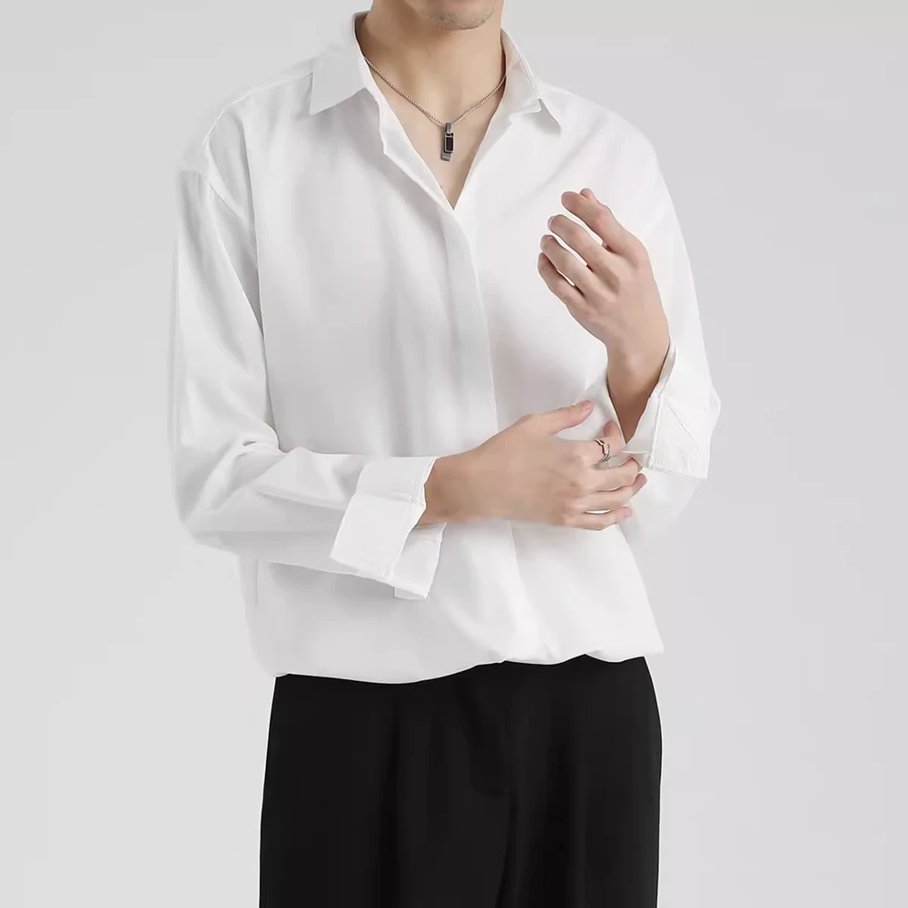 暗扣痞帅黑衬衫男长袖春季冰感轻熟风衬衣韩版潮流帅气上衣服男