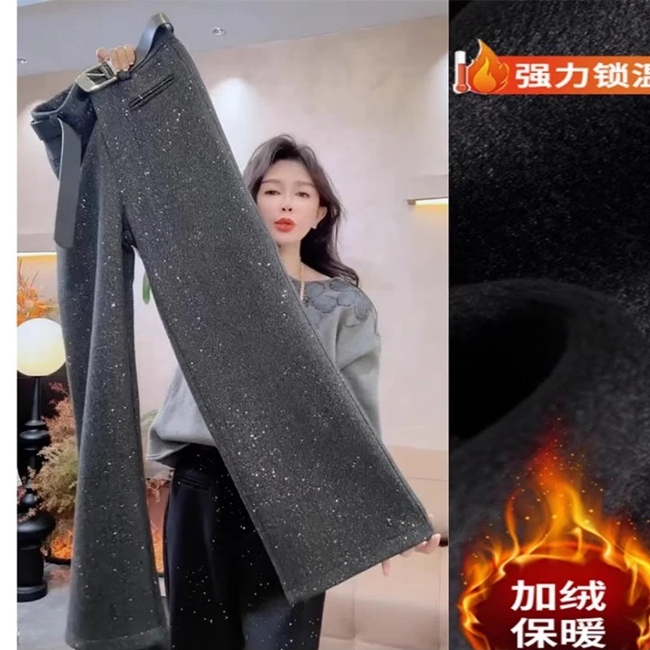 满天星阔腿裤女冬季新款欧货大码胖mm高腰显瘦直筒亮片休闲裤