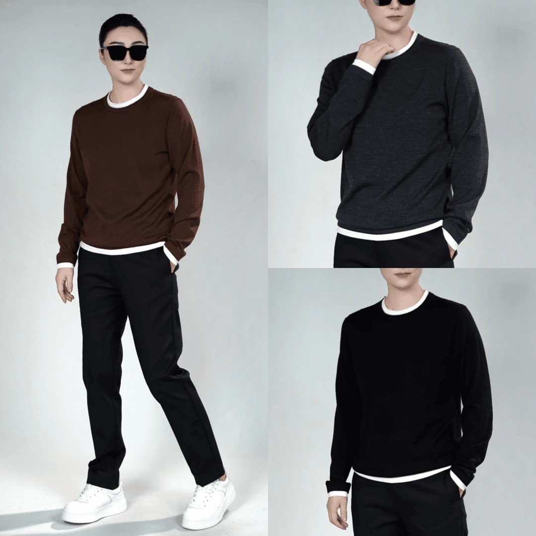 高品质假两件男士毛衣秋冬季针织衫时尚长袖内搭打底衫极简风上衣