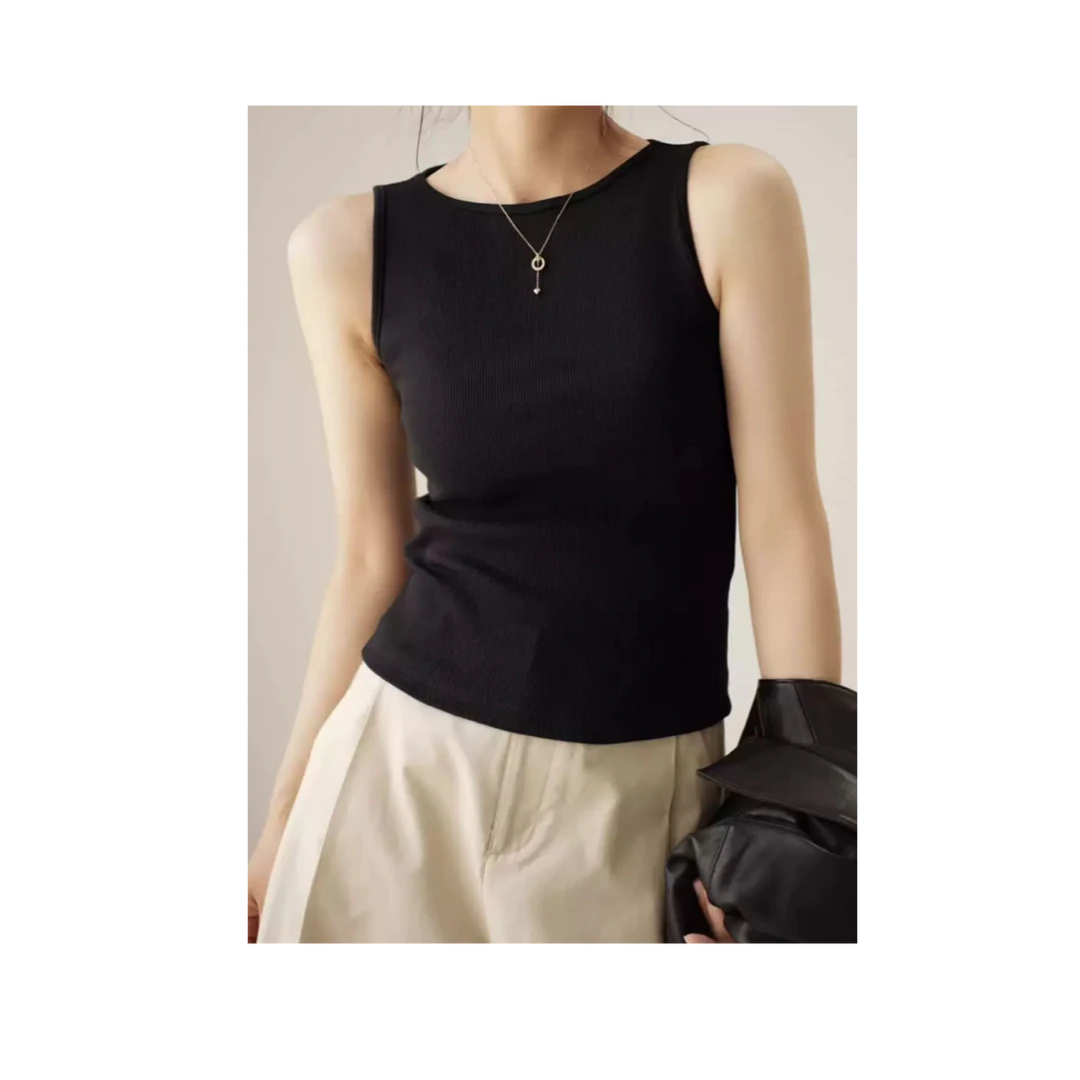 三哈宫《一字领背心》超弹糯感棉混纺一字领背心女士通勤无袖打底