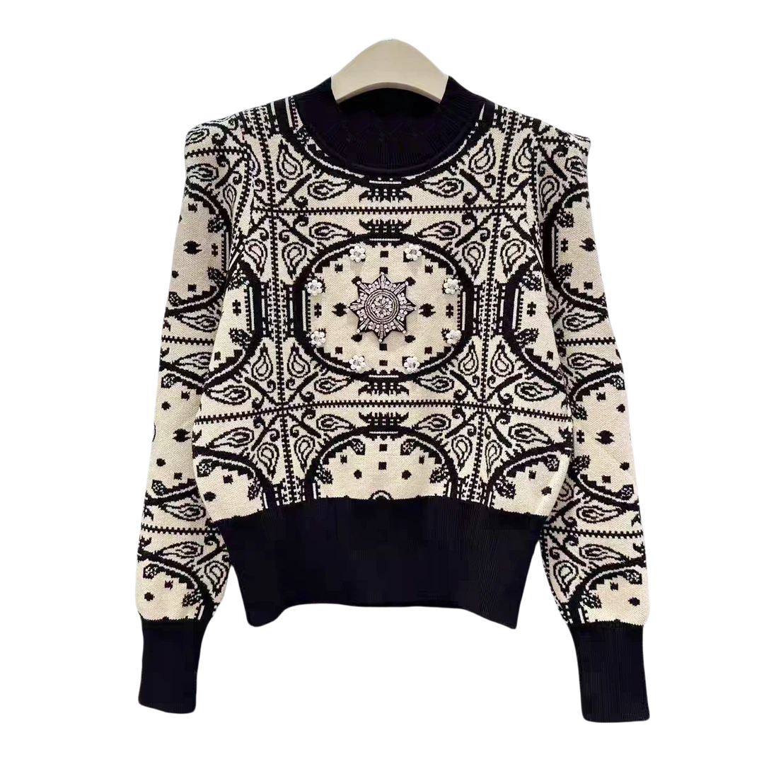 【茶芙巷】重工钉珠盘花设计感复古风针织套头上衣女W015【YJL】