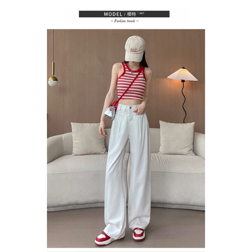 三防莱赛尔天丝面料阔腿牛仔裤夏新款高腰褶皱宽松直筒拖地裤