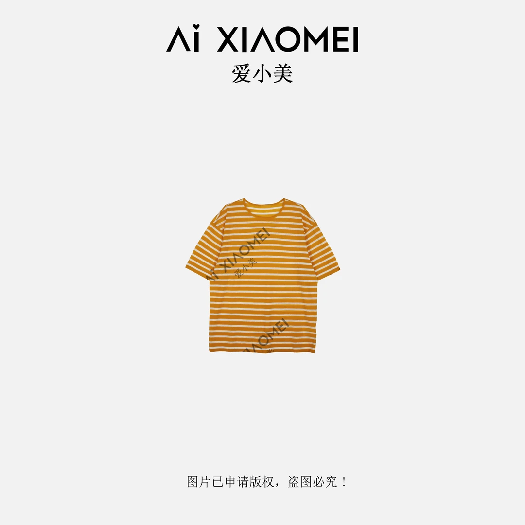 宽松圆领康赛尼条纹短袖简约中长款慵懒休闲大版T上衣SY-2539