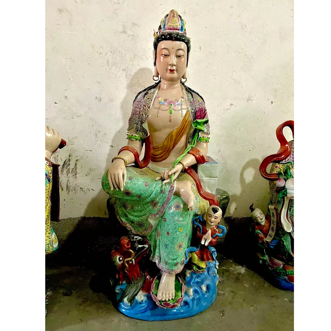 老款坐龙观世音菩萨景德镇陶瓷雕刻童子拜观音中式佛堂供奉摆件