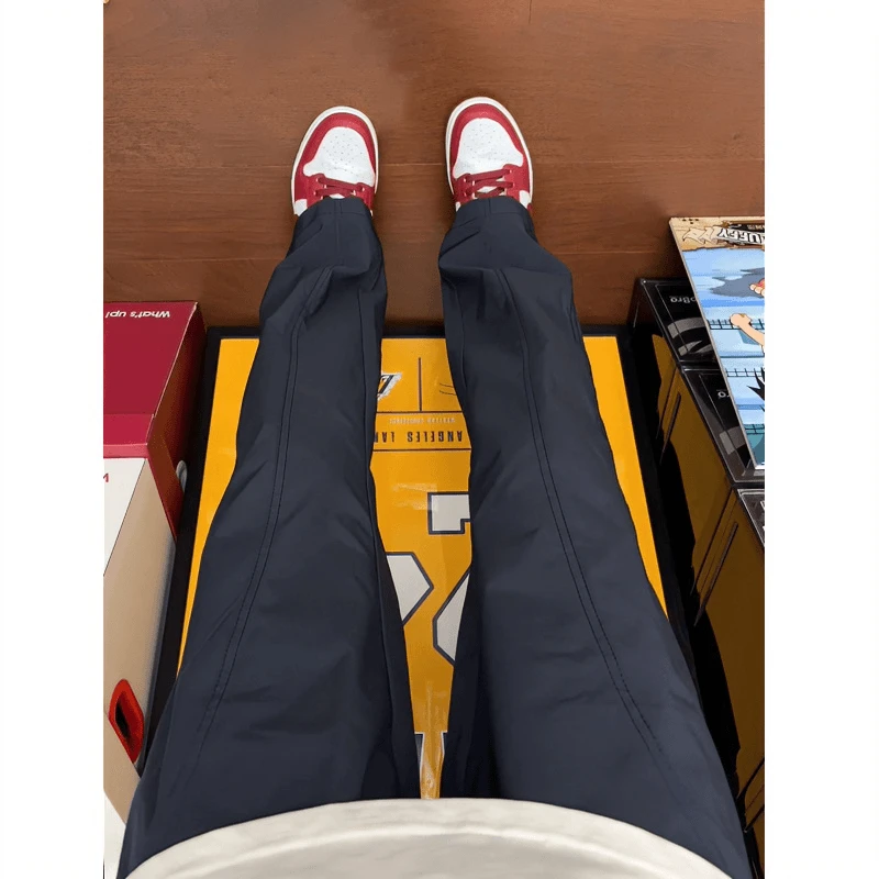 美式斜切微喇冲锋裤女男款夏季防风防水休闲工装裤直筒藏青色裤子