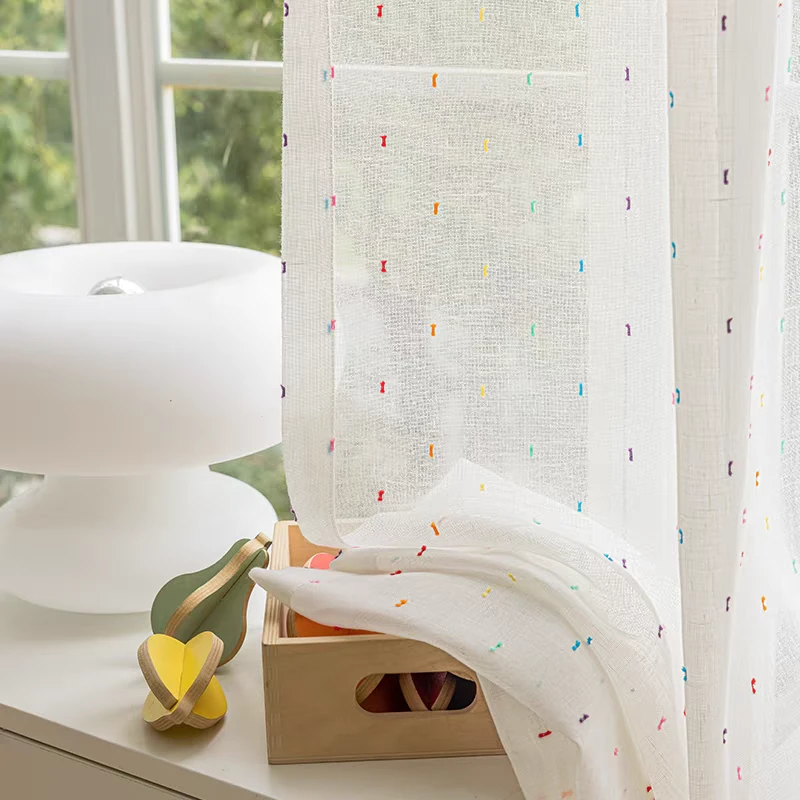 糖豆沙彩虹女孩男孩童趣窗纱定制棉麻