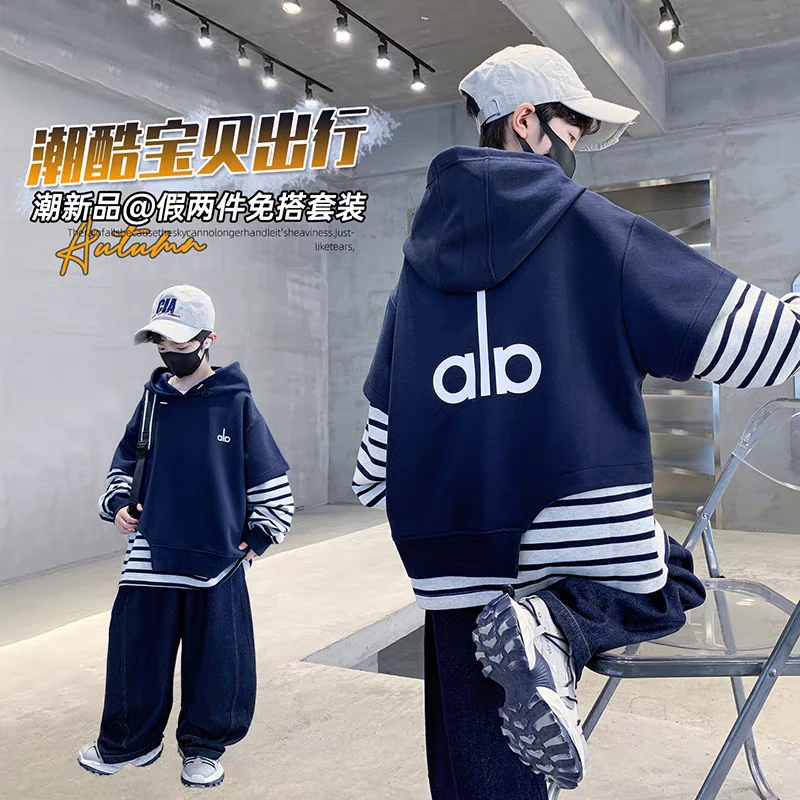 2025秋季儿童新款带帽假两件卫衣潮酷休闲宽松印花中大童百搭上衣