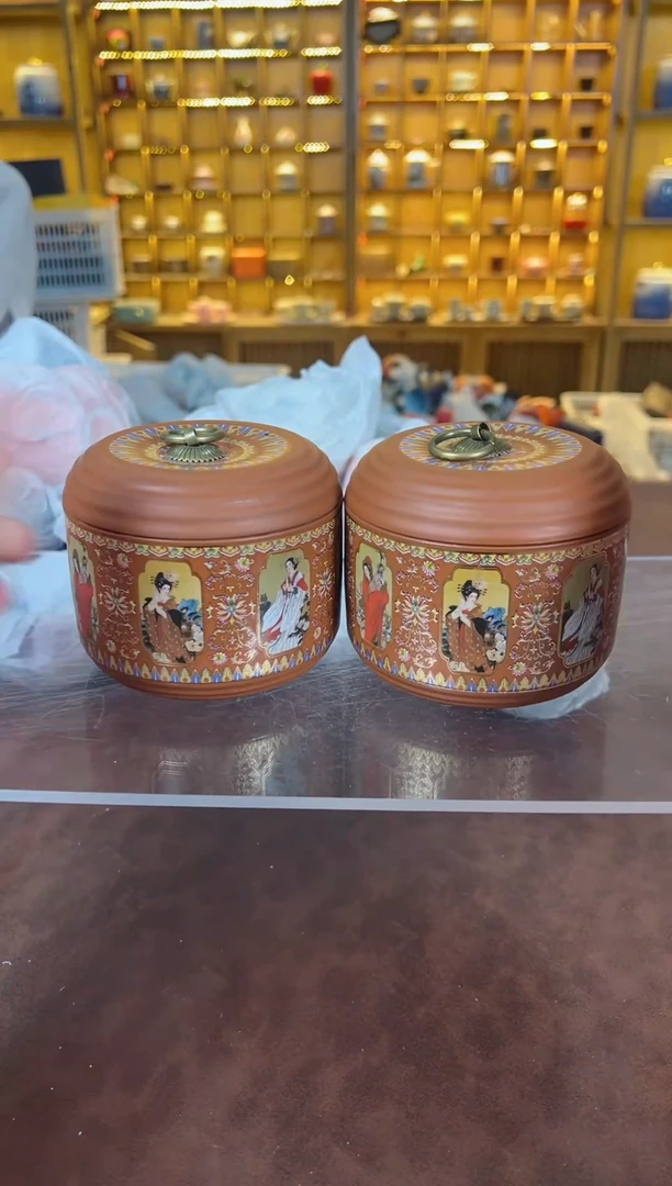 瓷片紫砂茶叶罐2个F552
