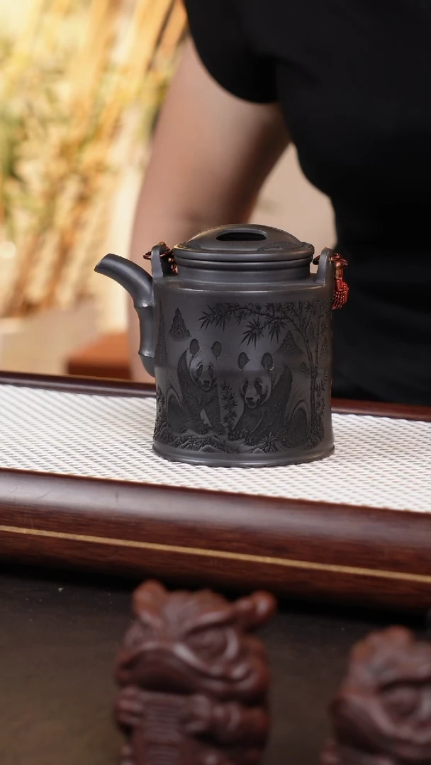 茶壶紫砂石黄牛盖竹节壶