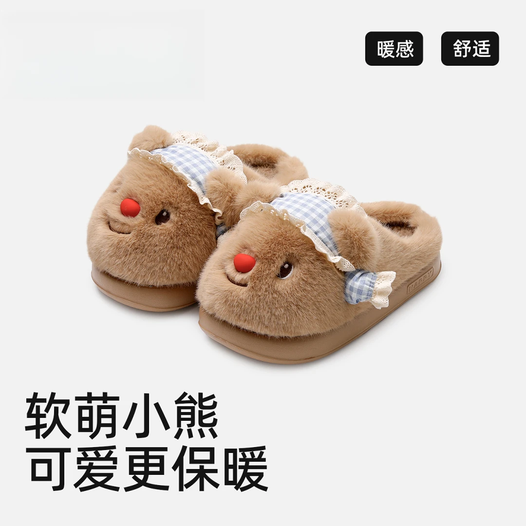 软萌小熊可爱加绒保暖室内棉拖鞋子女秋冬季新款外穿包头毛毛拖鞋