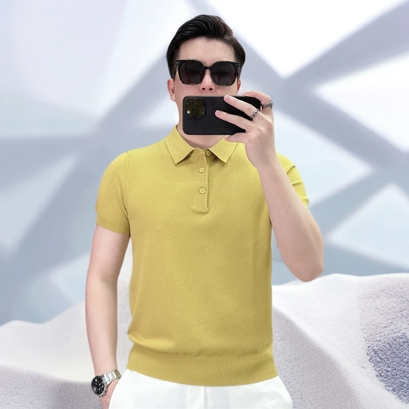 宾斯洛特新款修身弹力简约百搭薄款透气针织冰丝短袖翻领polo衫男