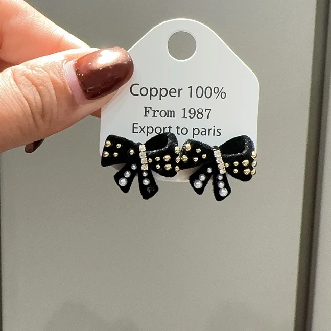 铜合金布艺耳饰 ES-493时尚植绒黑色蝴蝶结耳钉