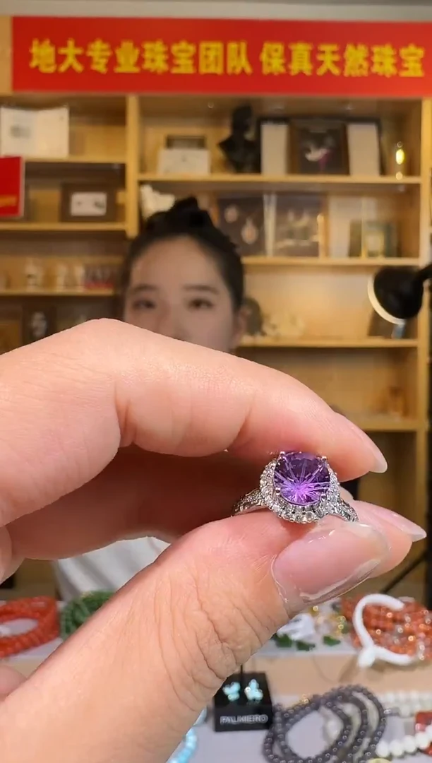 银S925镶嵌戒指水晶8mm天然紫水晶烟花切戒指多样性发一
