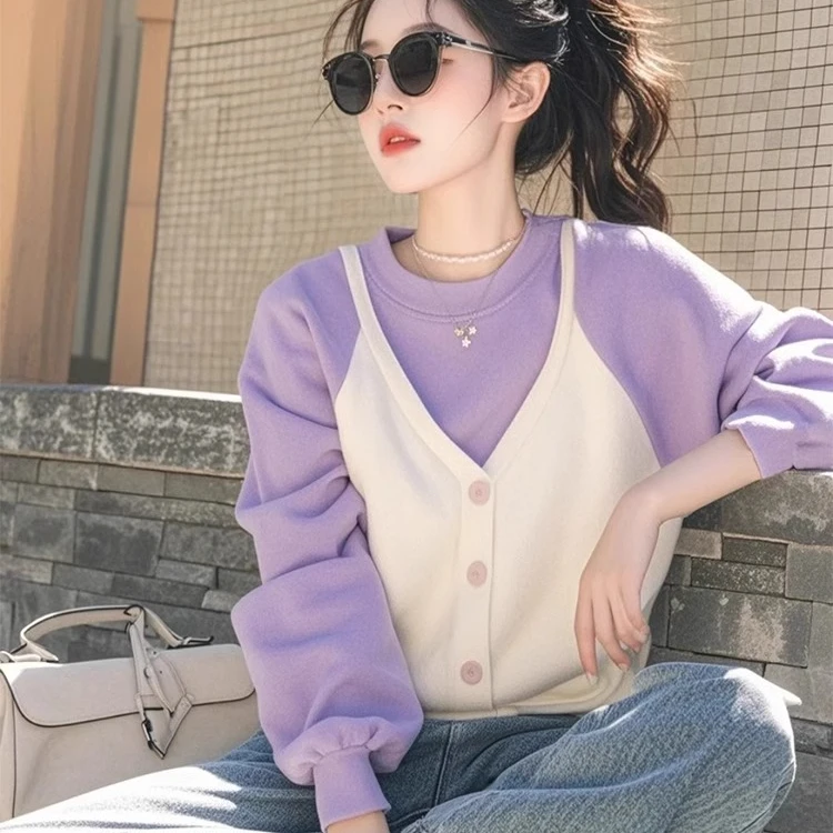 冬季2025新款爆款时尚洋气超好看独特漂亮紫色撞色拼接假两件上衣