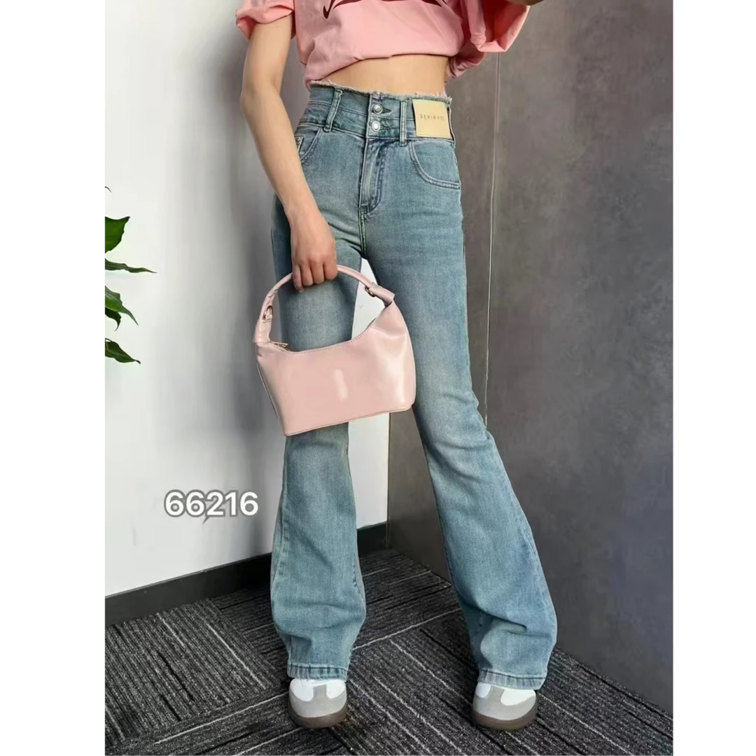 【锦衣服饰】QQ 66216时尚高腰毛边微喇裤