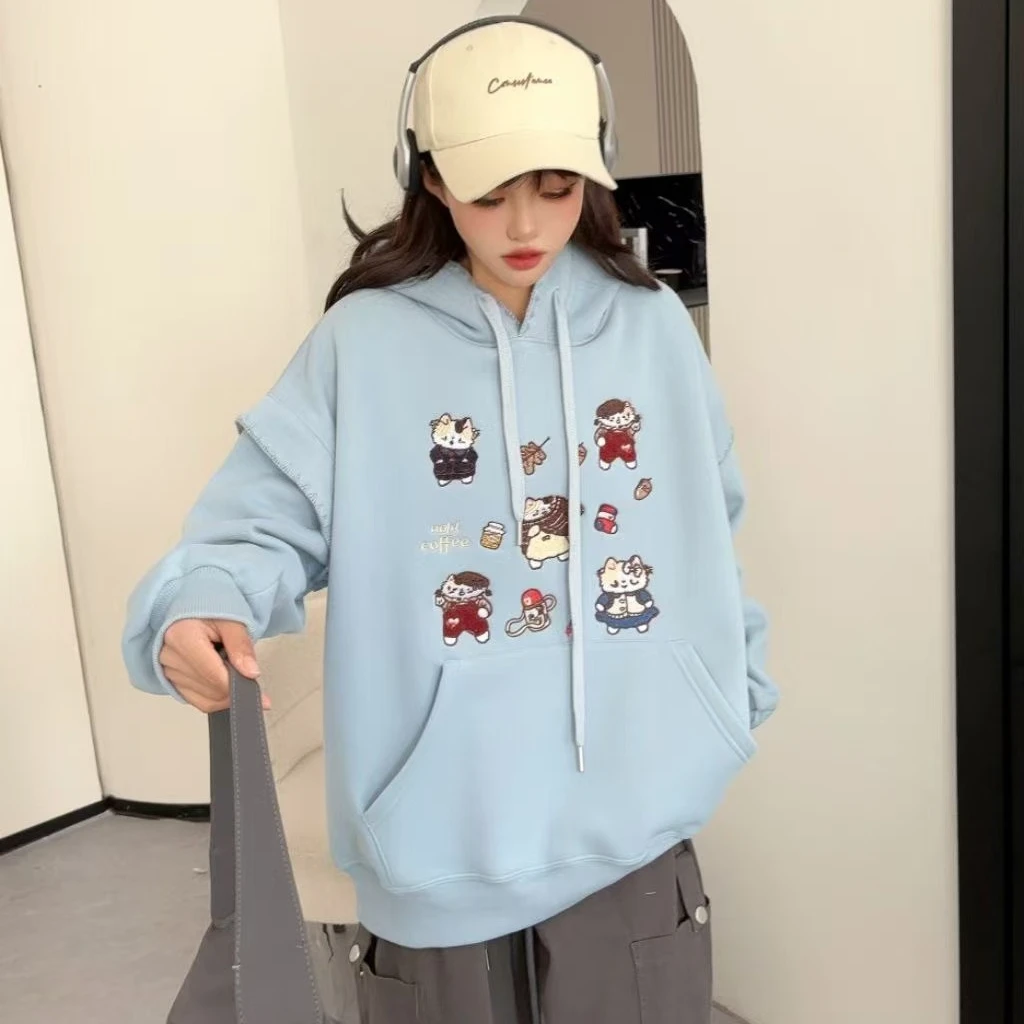 阿悄家 冬款 刺绣卡通小猫连帽卫衣#7813