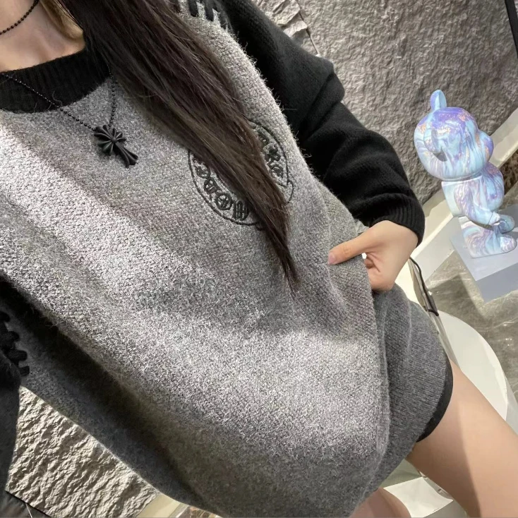【清仓】梵文刺绣男女同款拼色羊毛毛衣宽松中长款