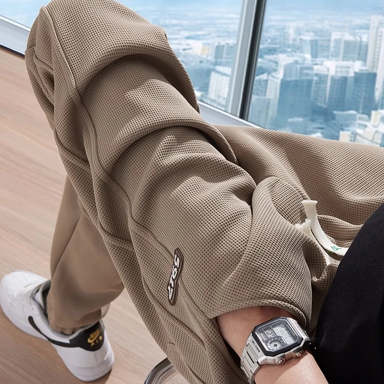 华夫格裤子男款2025新款美式宽松束脚休闲裤春夏款重磅运动卫裤男