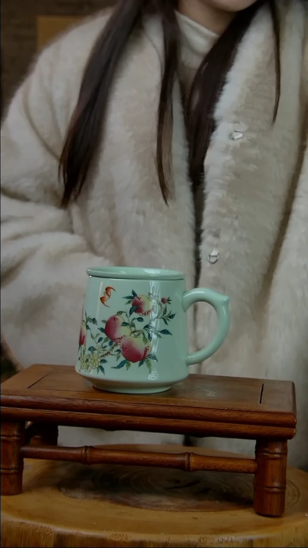 摆件陶绿稀土寿桃办公杯