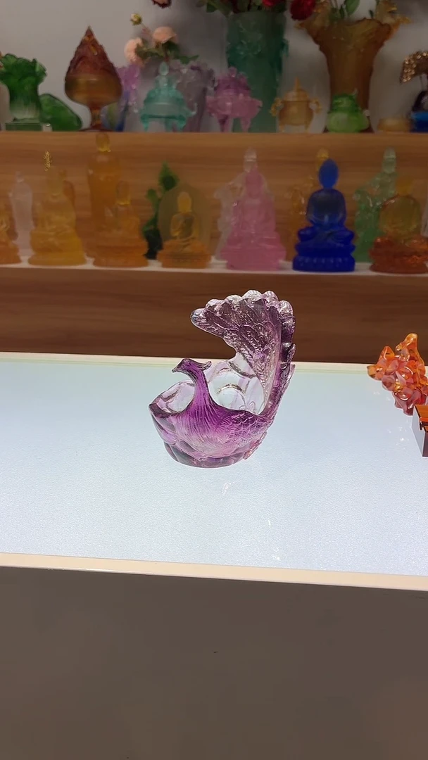 琉璃手工艺品紫色孔雀茶宠摆件