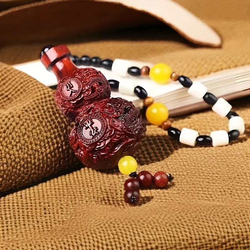 紫檀木【出入平安双龙葫】手把件实木雕刻汽车挂件装饰品