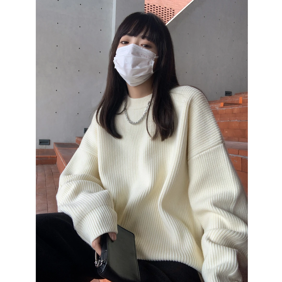 D079-毛衣春秋纯色廓形圆领毛衣男女宽松休闲慵懒风加厚针织外套