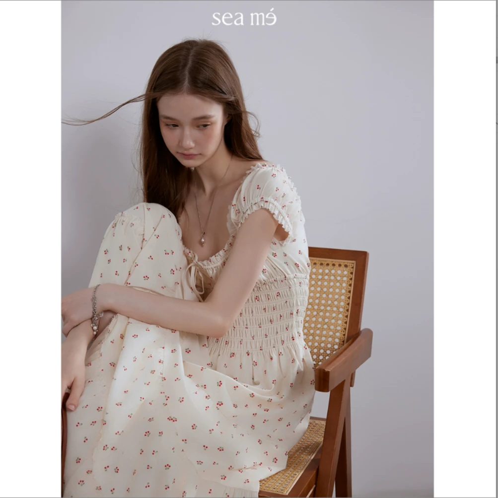 Seame汐觅【油画少女】精致印花韩系度假风连衣裙女高腰圆领长裙