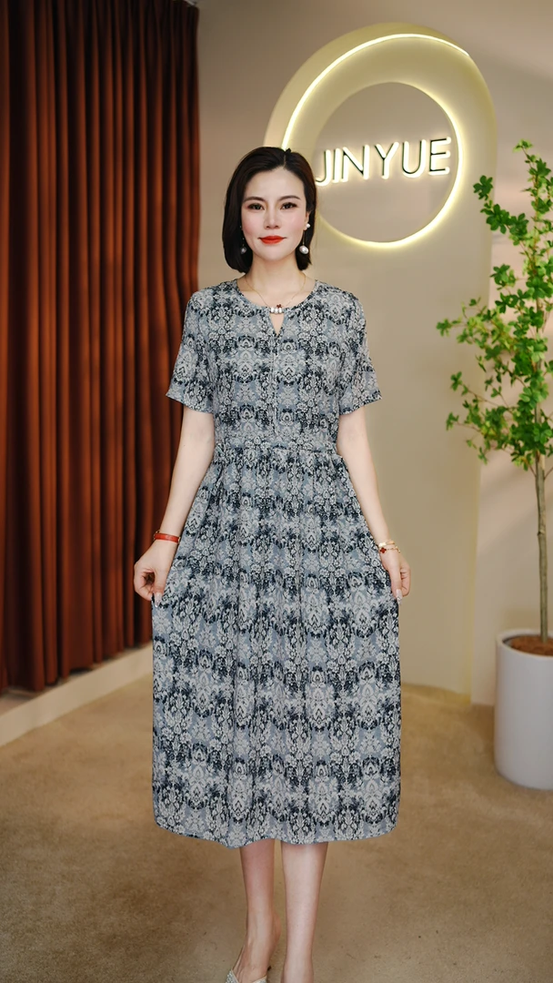 【千姿燕】6073新款夏季圆领素影逸韵裙时尚气质收腰休闲连衣裙显瘦