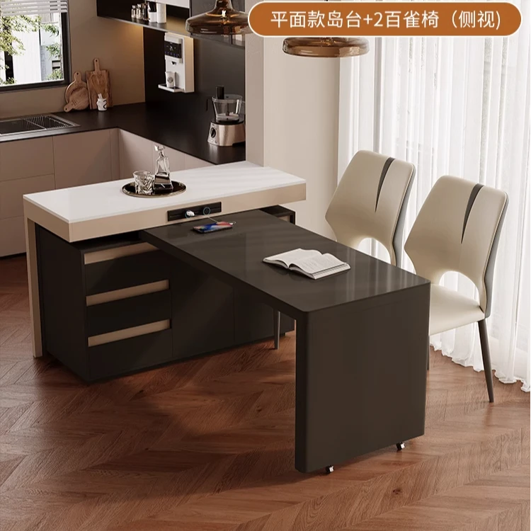 岛台餐桌桌子一体可伸缩家用多功能长方形中岛台餐厅岩板吧台岛台