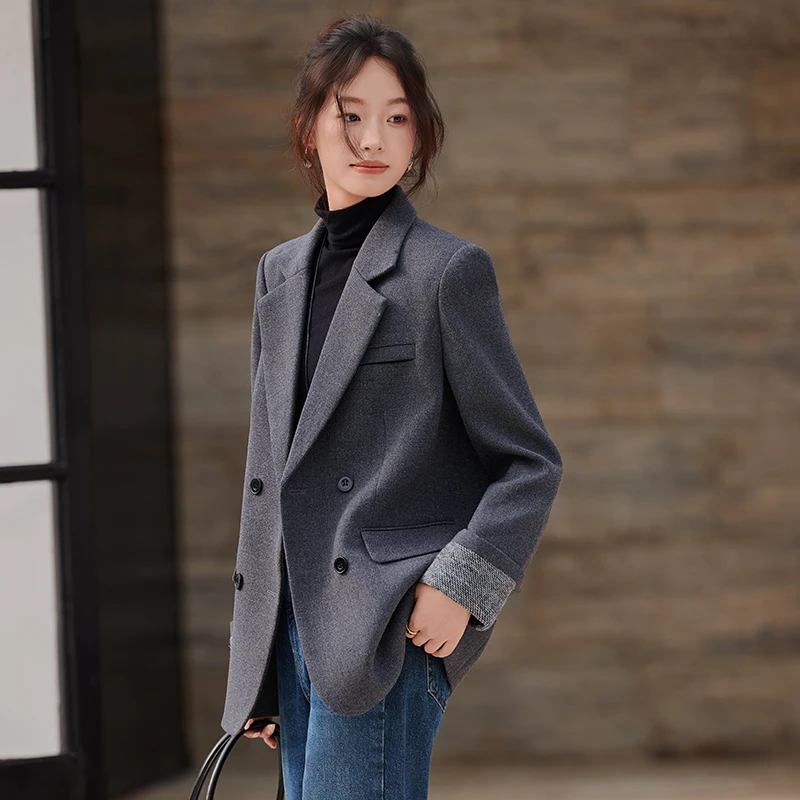 灰色毛呢西装外套女冬季小个子高级感时尚气质休闲女士西服上衣厚