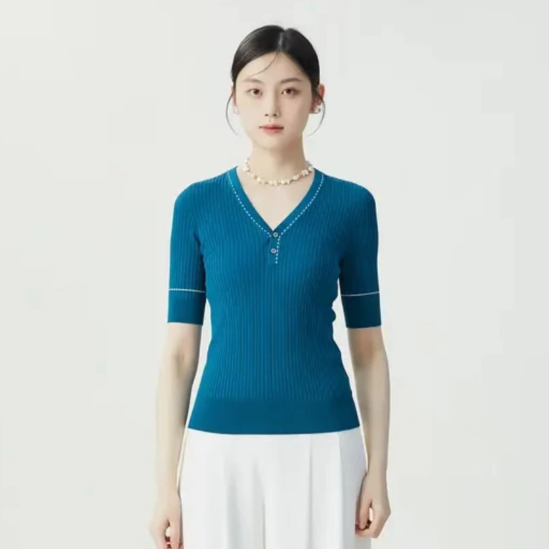 【商场同款】新款气质显瘦薄款V领针织衫百搭冰丝短袖上衣女1399551