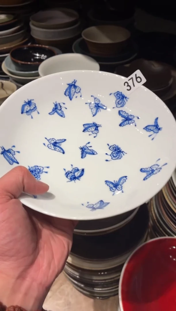 瓷片蓝*二376微瑕手绘蝴蝶盘1个