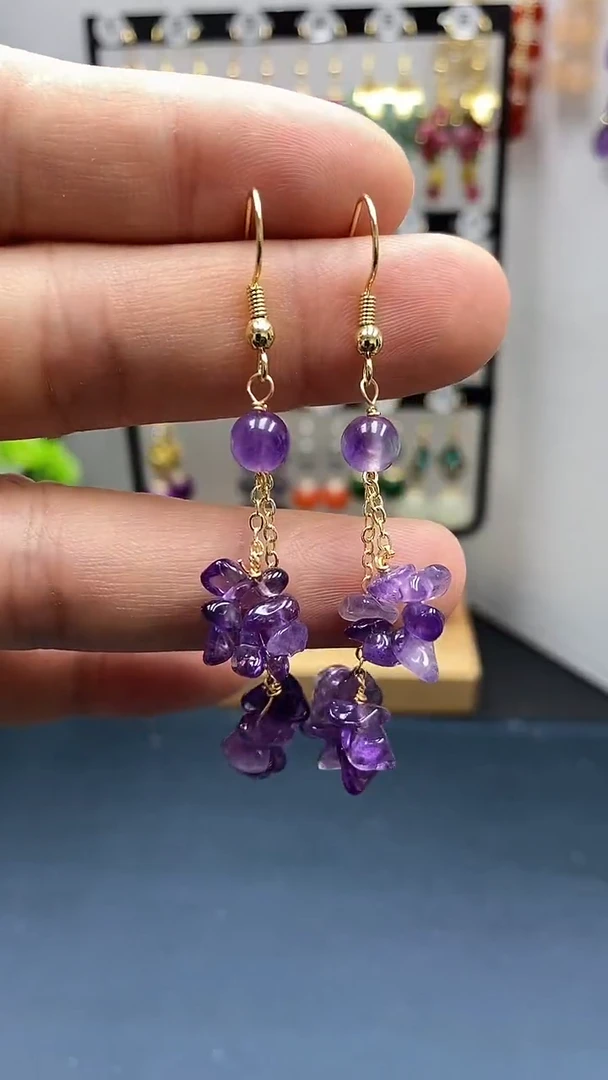 【闪购商品】紫晶耳饰银S925镀金镶嵌随型碎石0